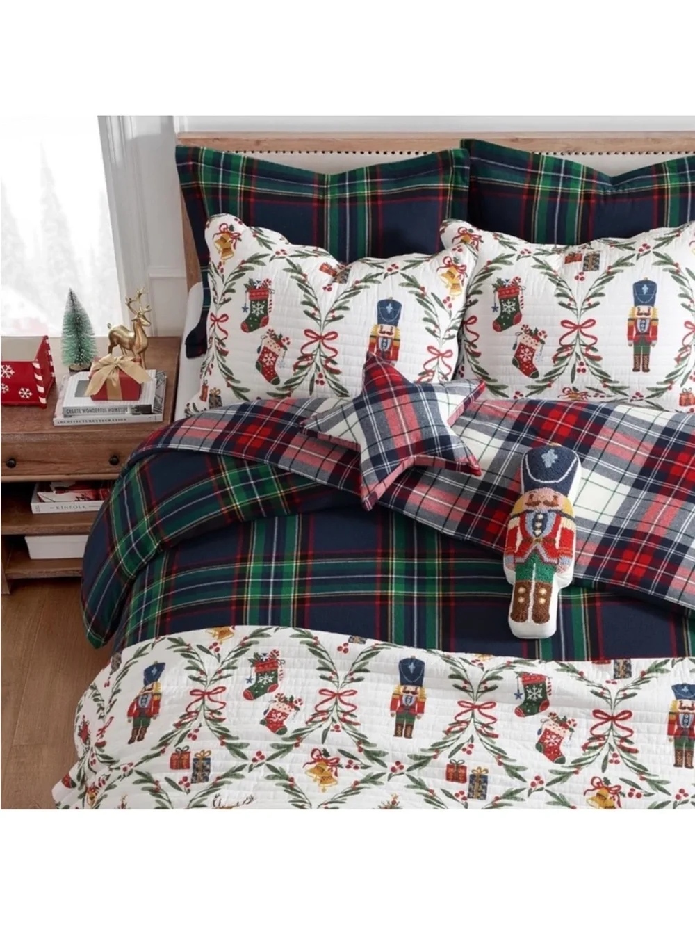 🆕 PB Style Navy Plaid Christmas Duvet Set King Reversible Cotton Reversible NEW